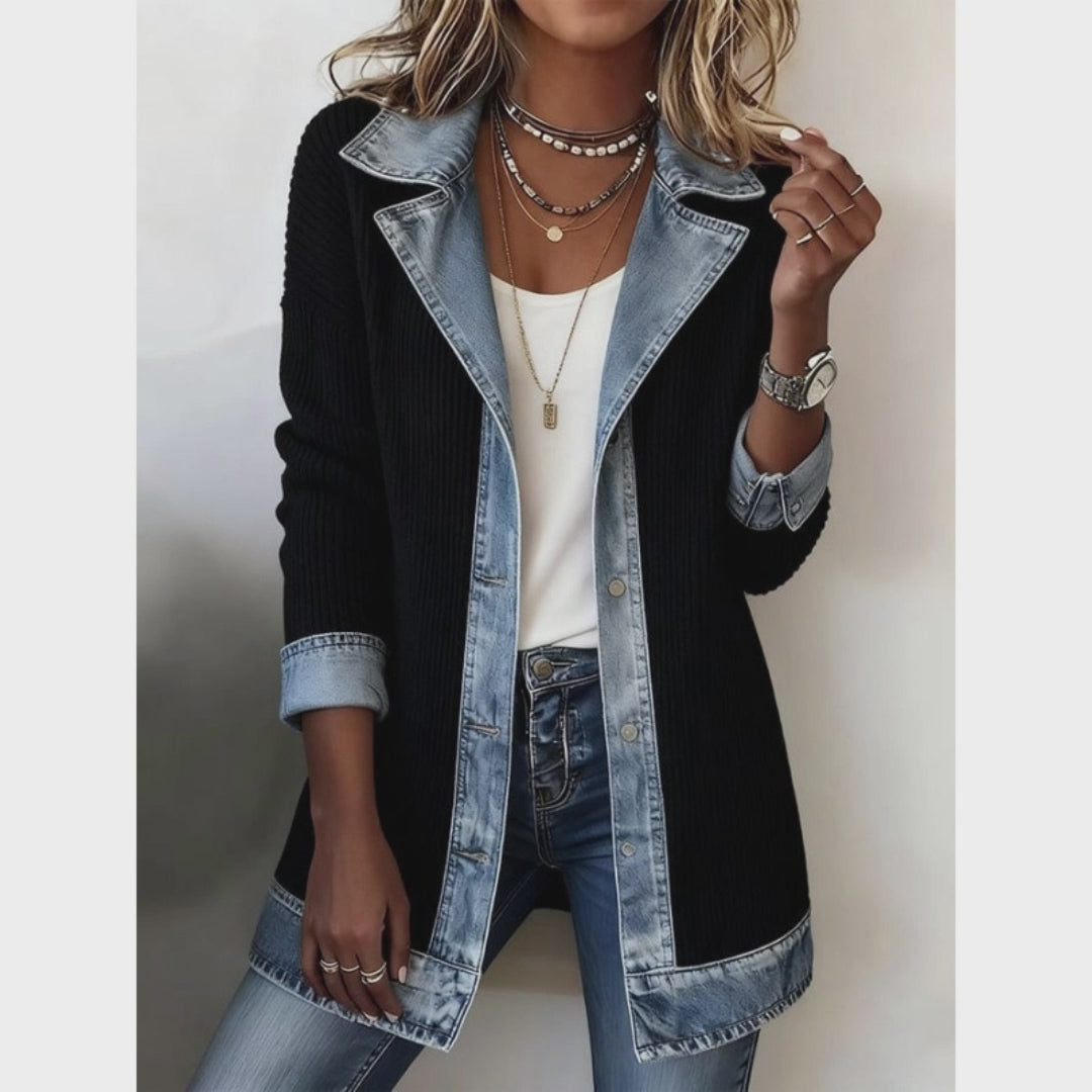 Denim Patchwork Jacket Fashion Commuter Lapel Button-down Long-sleeved Top For Women's Clothing