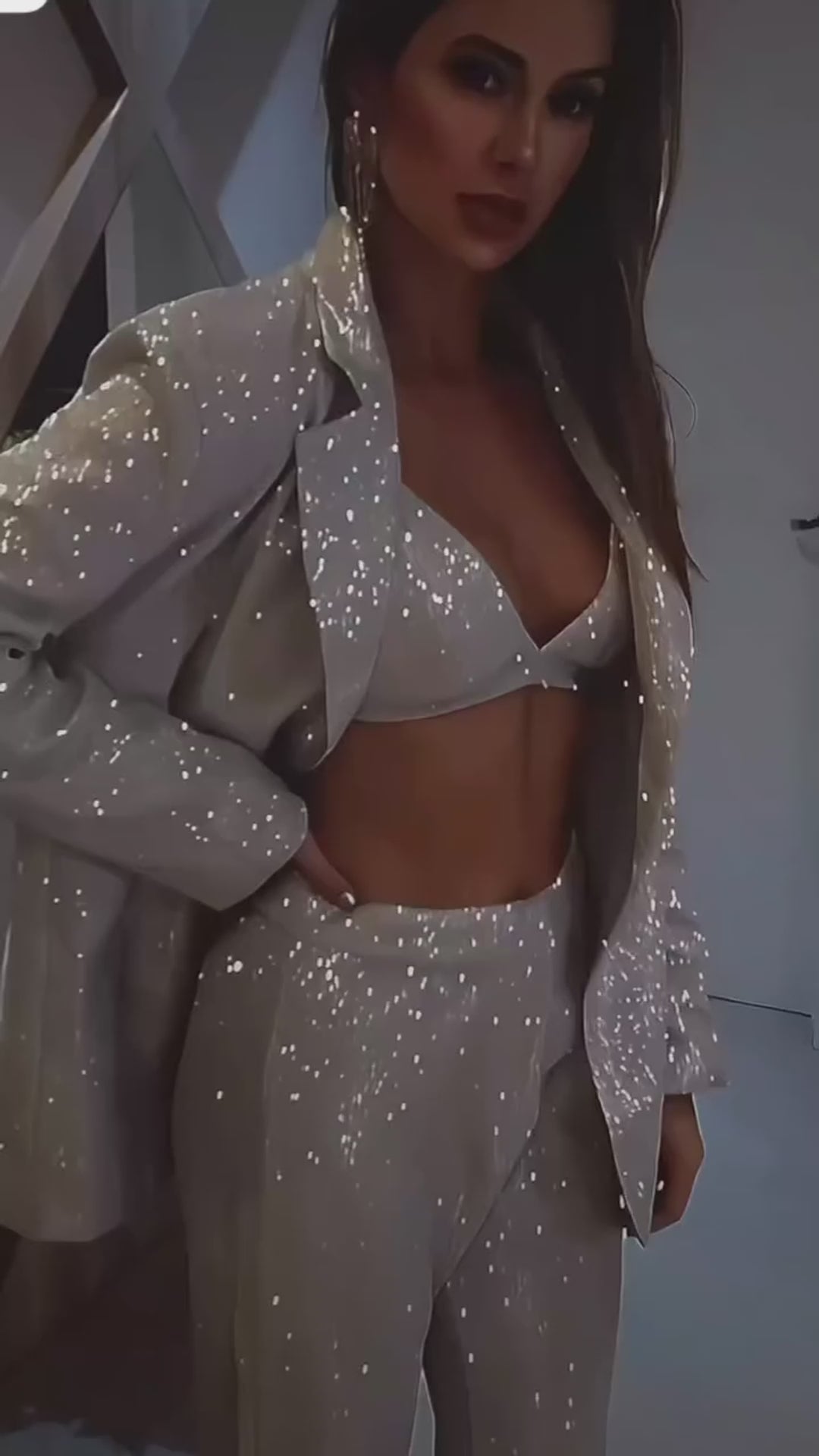 3pcs Shiny Long-sleeved Suit With Bra Lapel Blazer And Straight-leg Trousers Fashion Party Jacket Set For Women Clothing