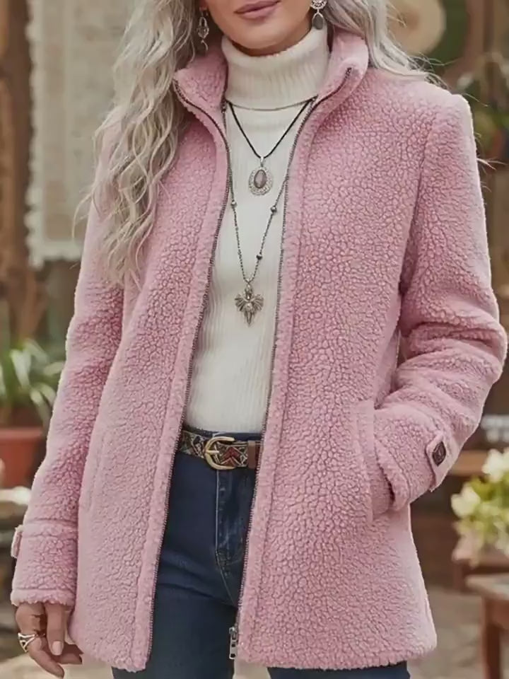 Fleece Zip-Up Jacket Women's Stand Collar Solid Color Loose Fit Casual Long Sleeve Outerwear Clothing